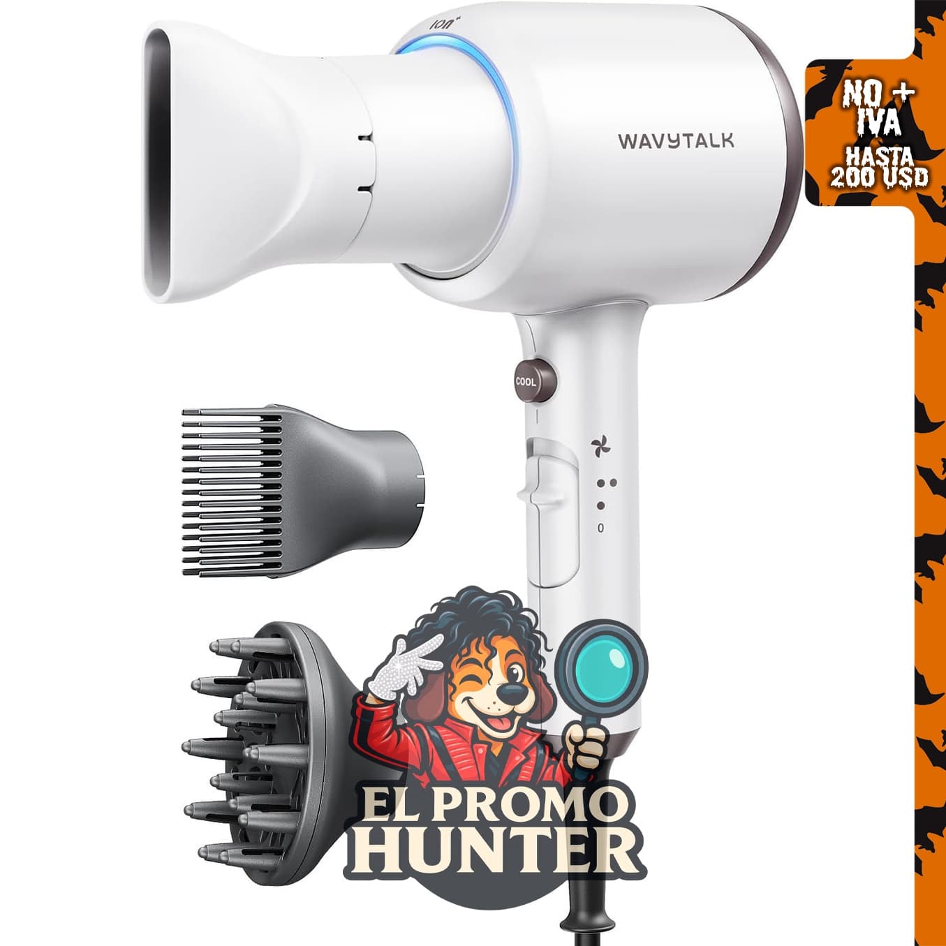 Wavytalk Secador de pelo iónico con difusor para cabello rizado.