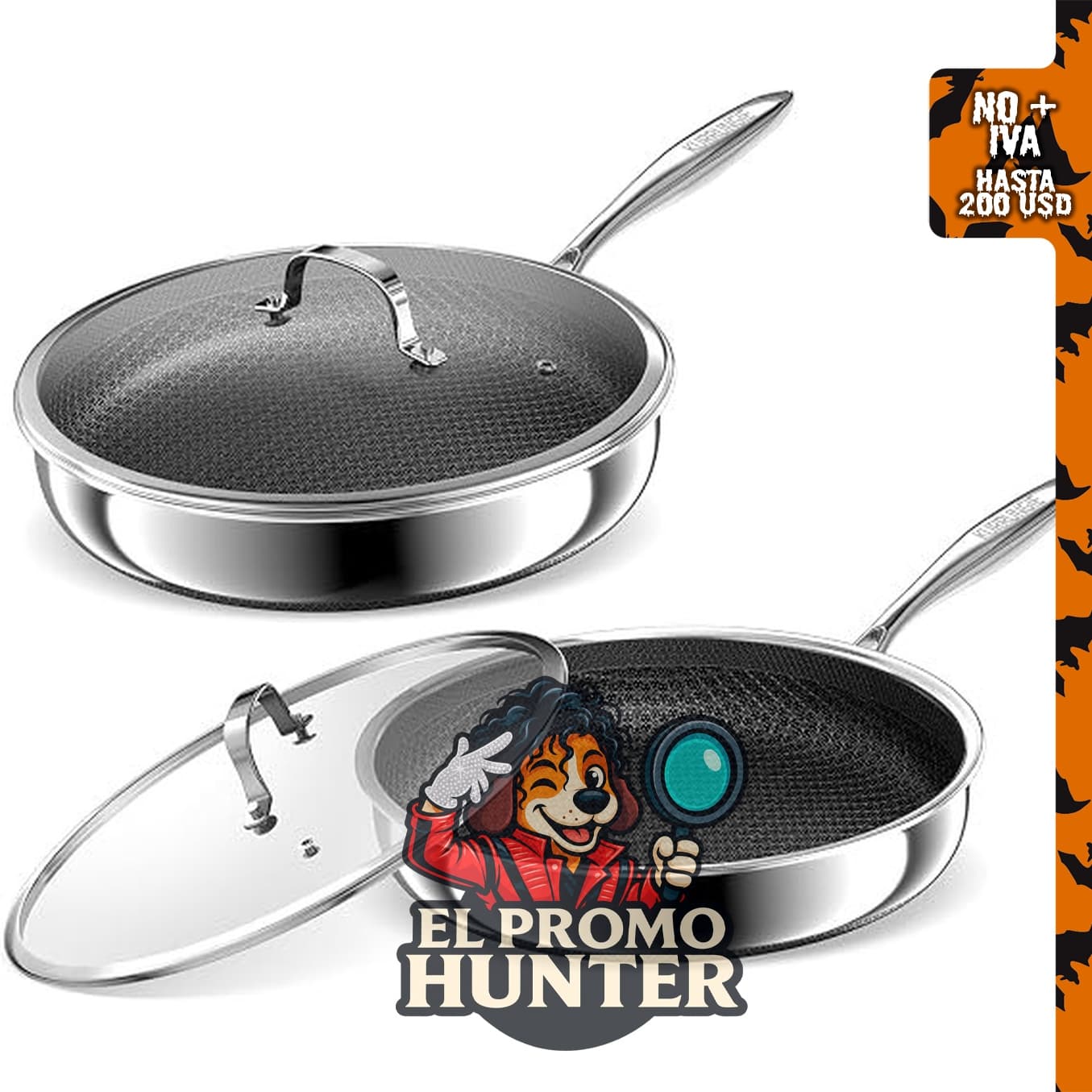 Juego de 2 sartenes KURRUNGIE de acero inoxidable, 10" (25 cm) y 12" (30 cm), aptas para inducción y horno.
