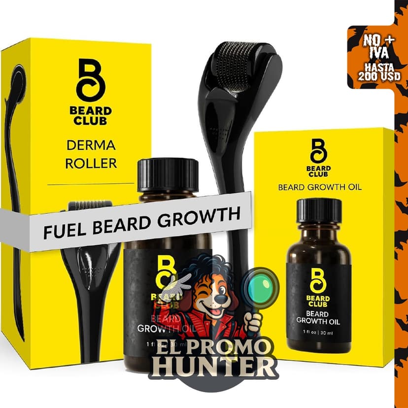 Rodillo Derma The Beard Club con 540 microagujas de titanio y aceite de barba de cedro y sándalo.