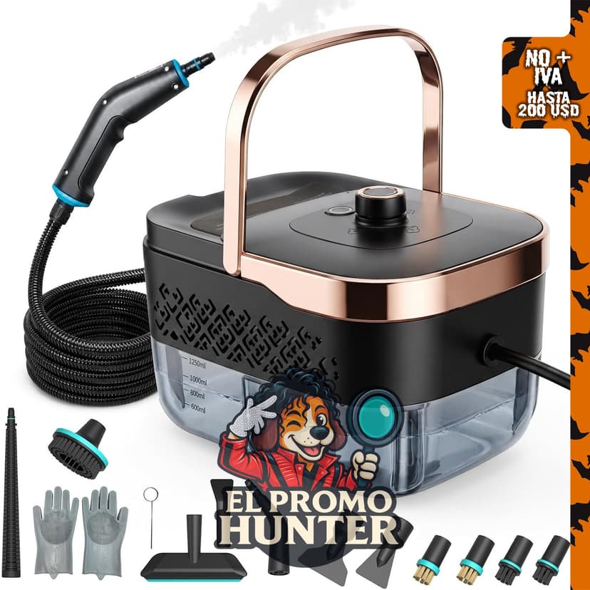 Limpiador a vapor Happudeok, portátil, 15s de calentamiento, tanque de 1.25 L, 3 niveles ajustables.