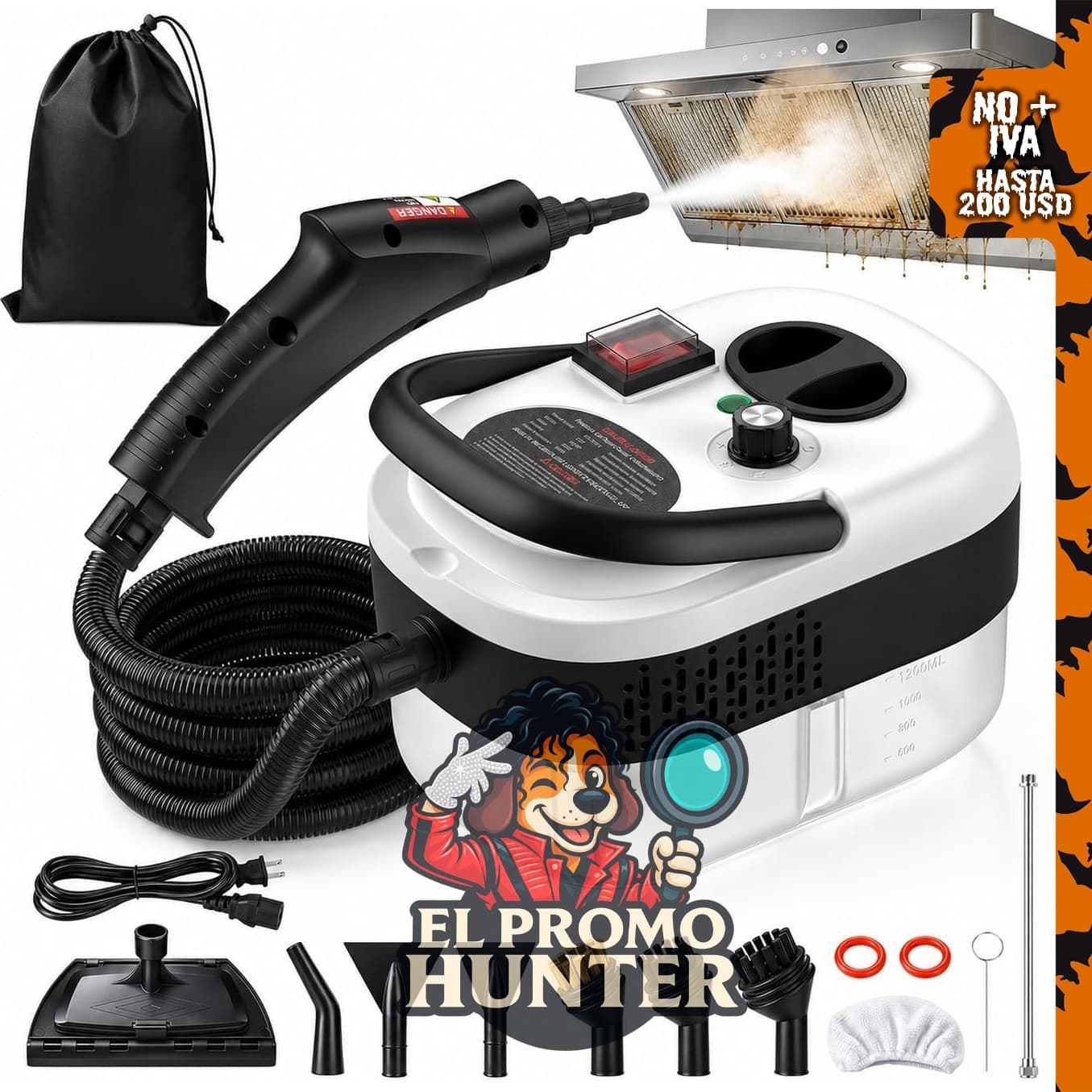 Limpiador de vapor de mano de 2500 W, pistola de vapor de alta presión con tanque de 1.2 L.