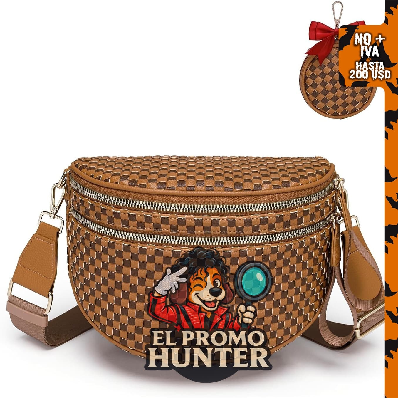 Bolso cruzado grande LANALULU, tejido a cuadros, cuero vegano suave, incluye monedero.