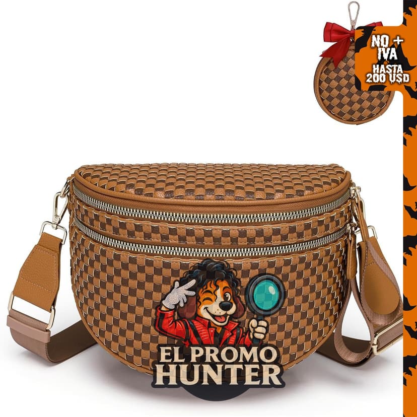 Bolso cruzado grande LANALULU, tejido a cuadros, cuero vegano suave, incluye monedero.