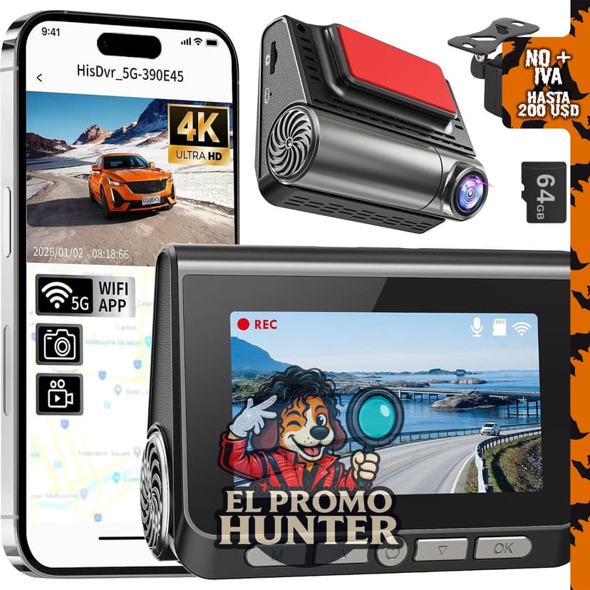 Dash Cam 4K+2K Full HD para automóviles, con pantalla IPS de 3.0" y tarjeta de 64 GB.