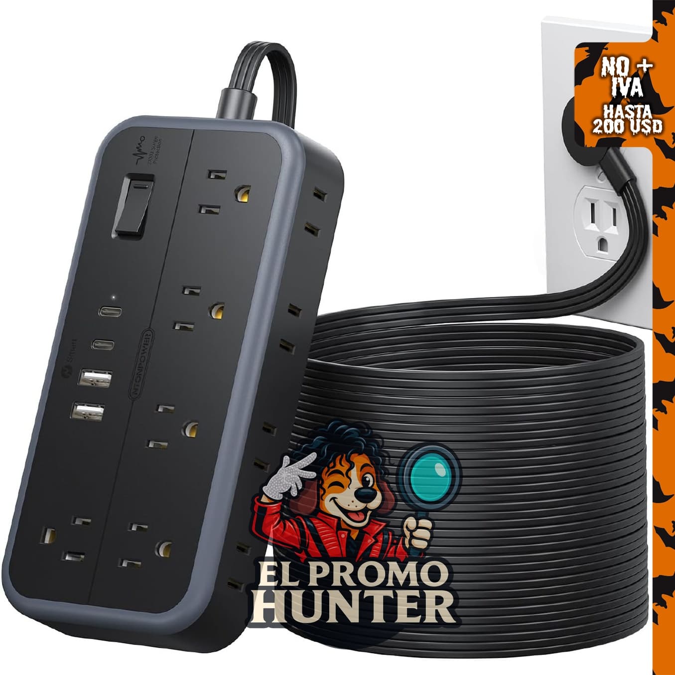 NTONPOWER Cable de extensión de 25 pies con 10 tomas y 4 puertos USB (2 USB-C).