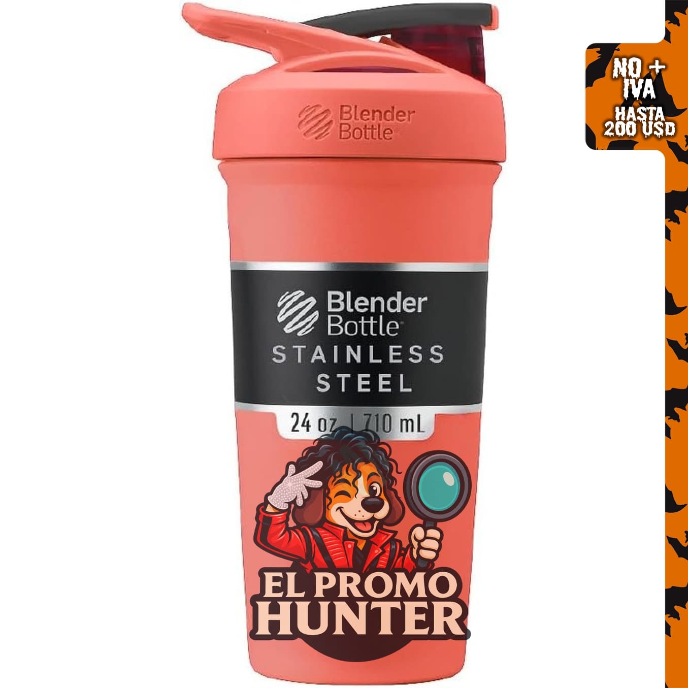 BlenderBottle Sport Flip, botella agitadora de acero inoxidable de 24 onzas, color coral.