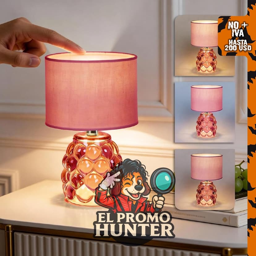 Lámpara de mesa recargable rosa, inalámbrica, con base de vidrio y 3 colores de luz.