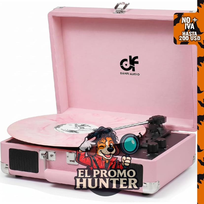 Tocadiscos Pink Suitcase con altavoces integrados, 3 velocidades, entrada Bluetooth, control de tono y parada automática.
