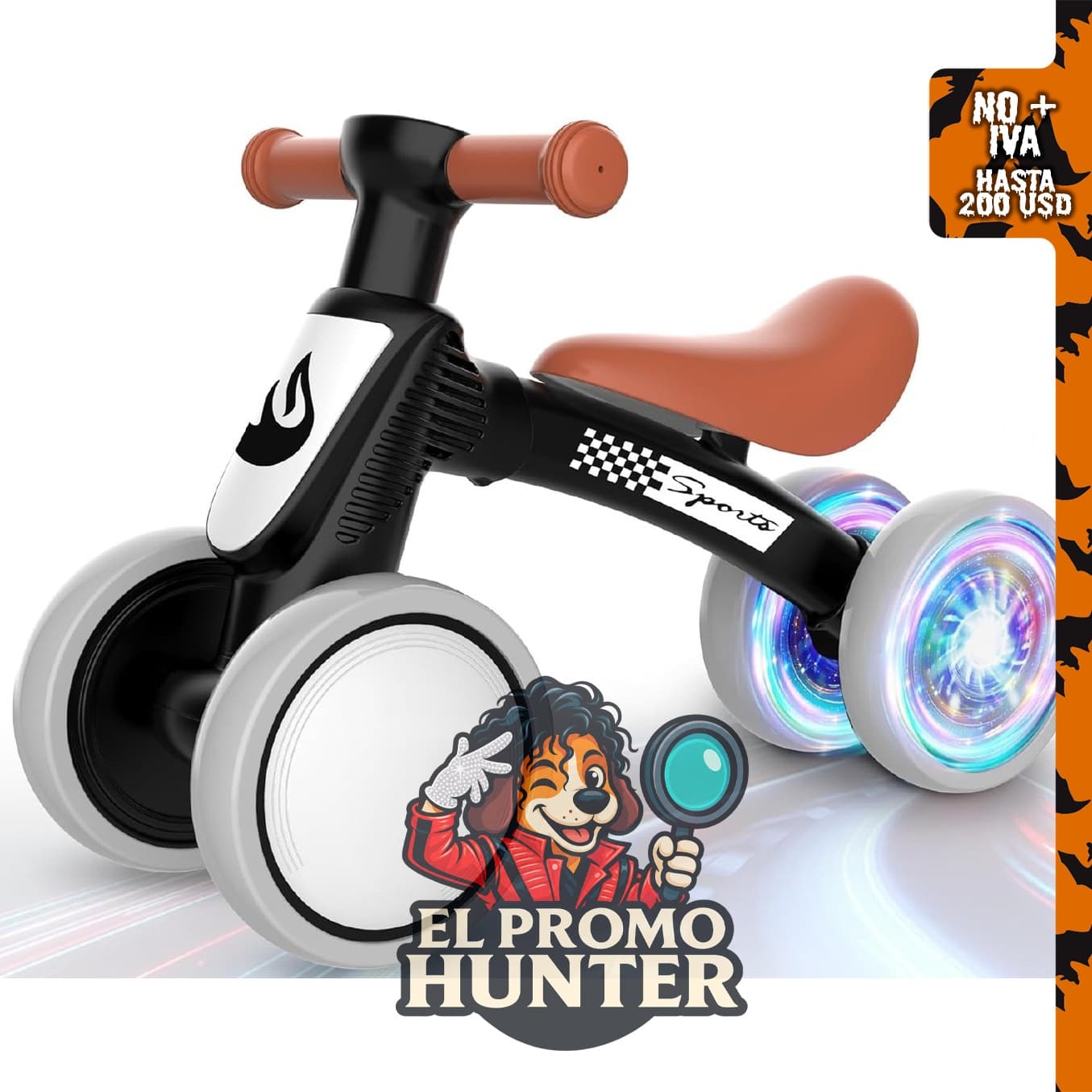 Bicicleta de equilibrio WETIFY para bebés, sin pedales, con 4 ruedas y luces coloridas.