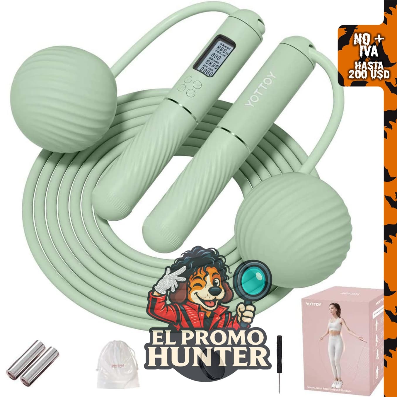 YOTTOY Cuerda de saltar inalámbrica con contador y bola, incluye peso y pantalla LCD.