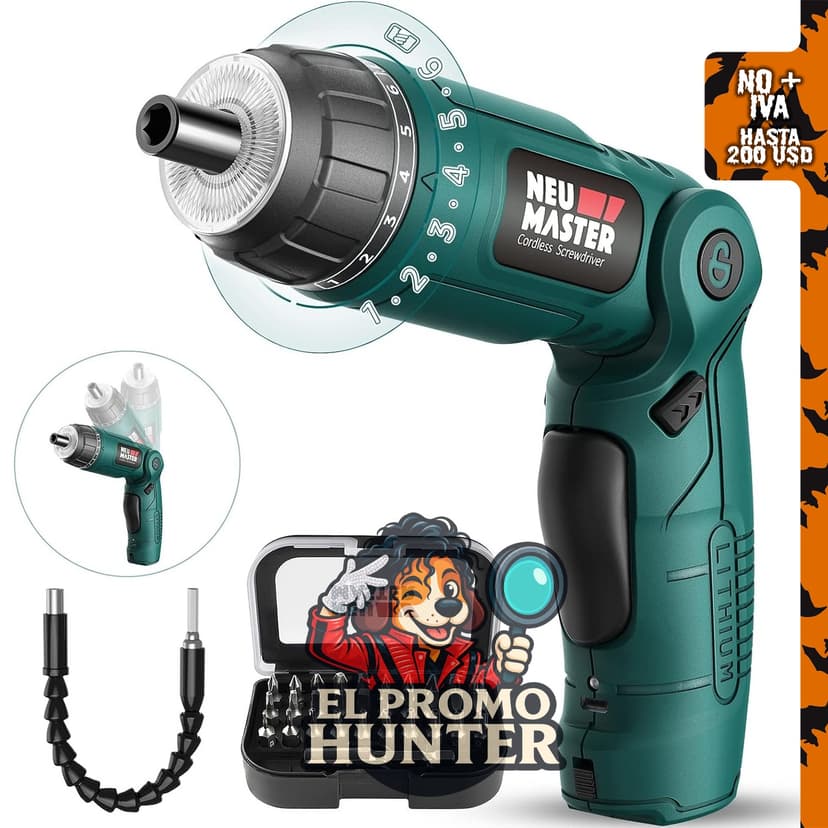 NEU MASTER Destornillador inalámbrico de 4 V, recargable con mango giratorio y luz LED, incluye 32 puntas y ajuste de par 6+1.