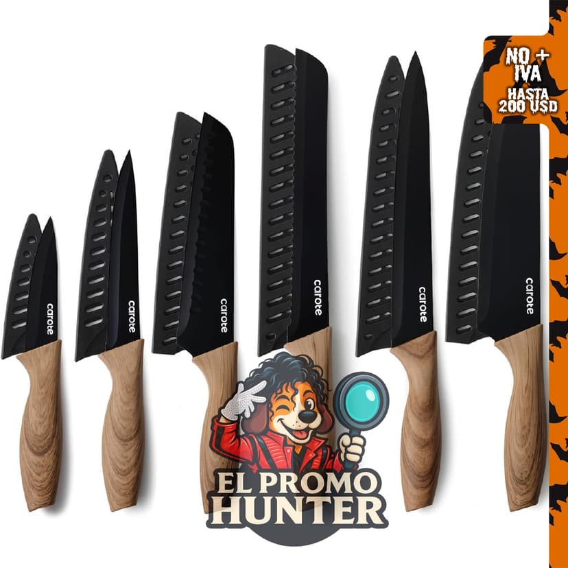 CAROTE Juego de cuchillos de 12 piezas con asas de acabado de grano de madera, color negro.