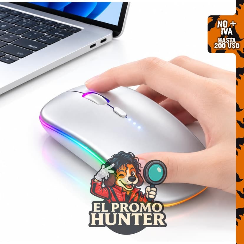 Mouse inalámbrico Bluetooth recargable PDFASTW, diseño delgado y silencioso con luces RGB.