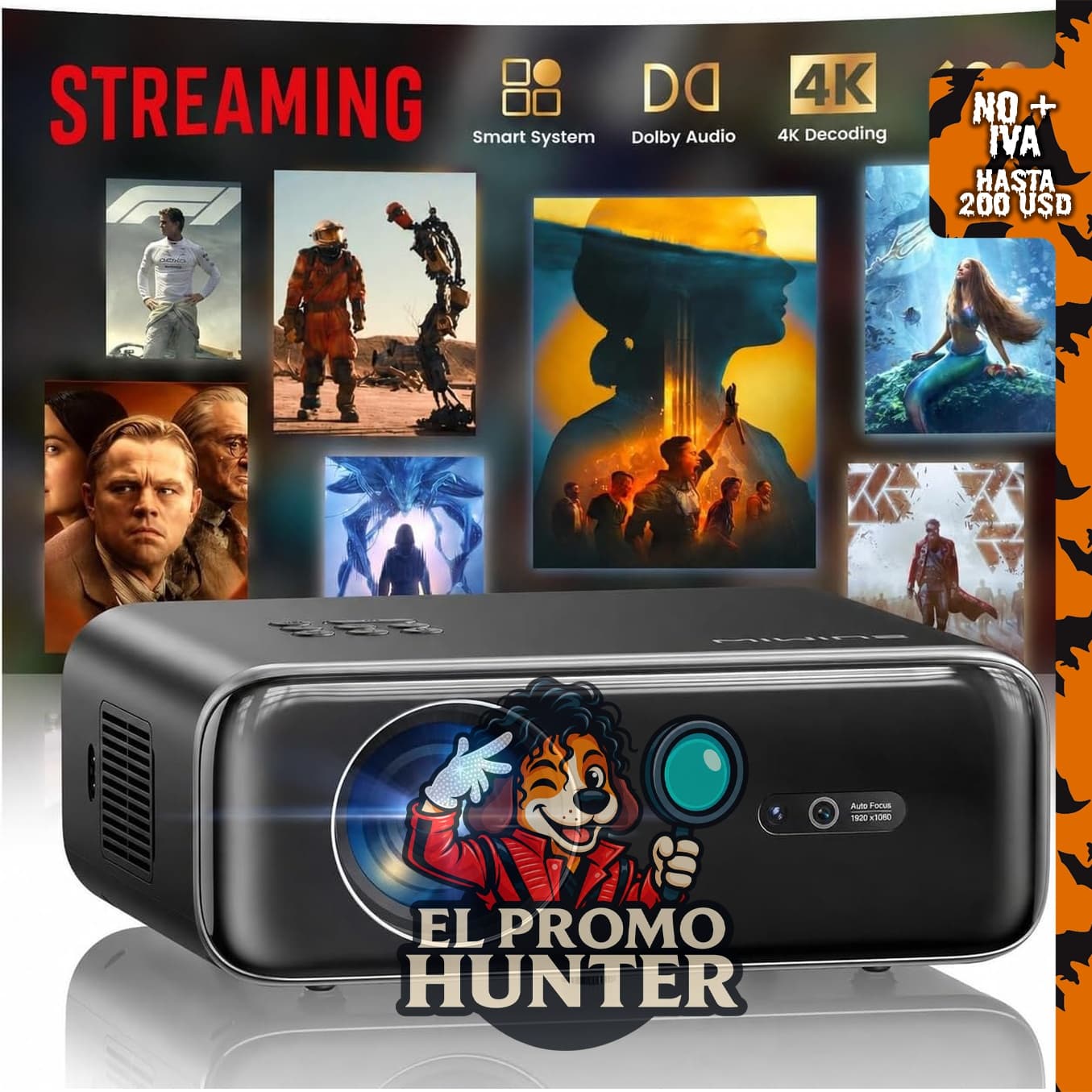 Proyector inteligente exterior con WiFi y Bluetooth, soporte 4K, audio Dolby y altavoces duales.