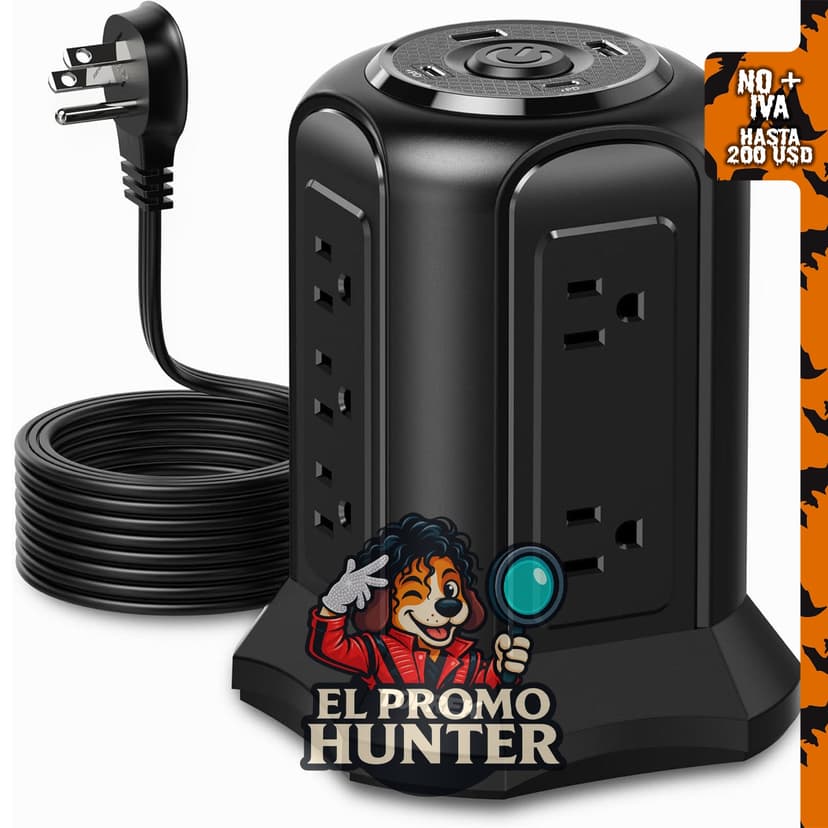 Regleta protectora TOPREK de torre con 10 tomacorrientes y 2 puertos USB-C (20 W PD) y 2 USB-A.