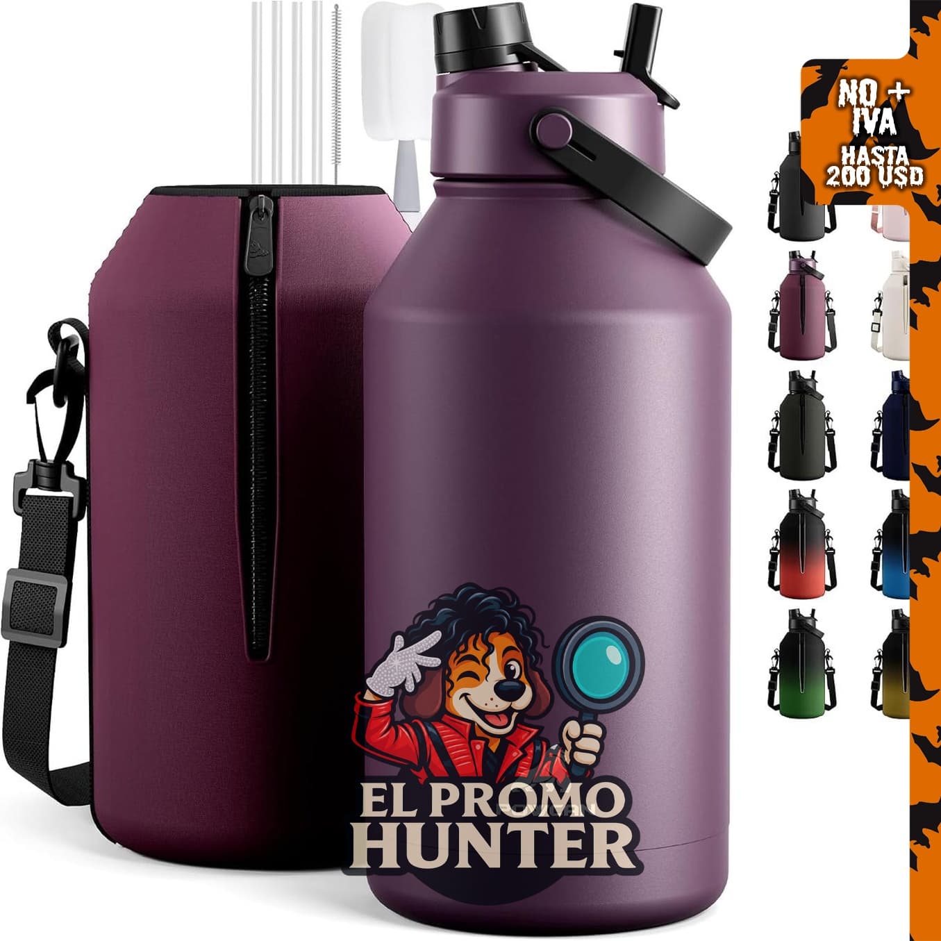 POWCAN botella de agua aislada de 64 oz (1.89 L) con popote 2 en 1 y tapa de boquilla, a prueba de fugas.