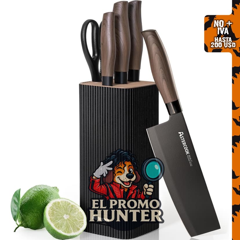 Astercook juego de cuchillos de cocina de 6 piezas con bloque, acero inoxidable de alto carbono, mango de grano de madera.
