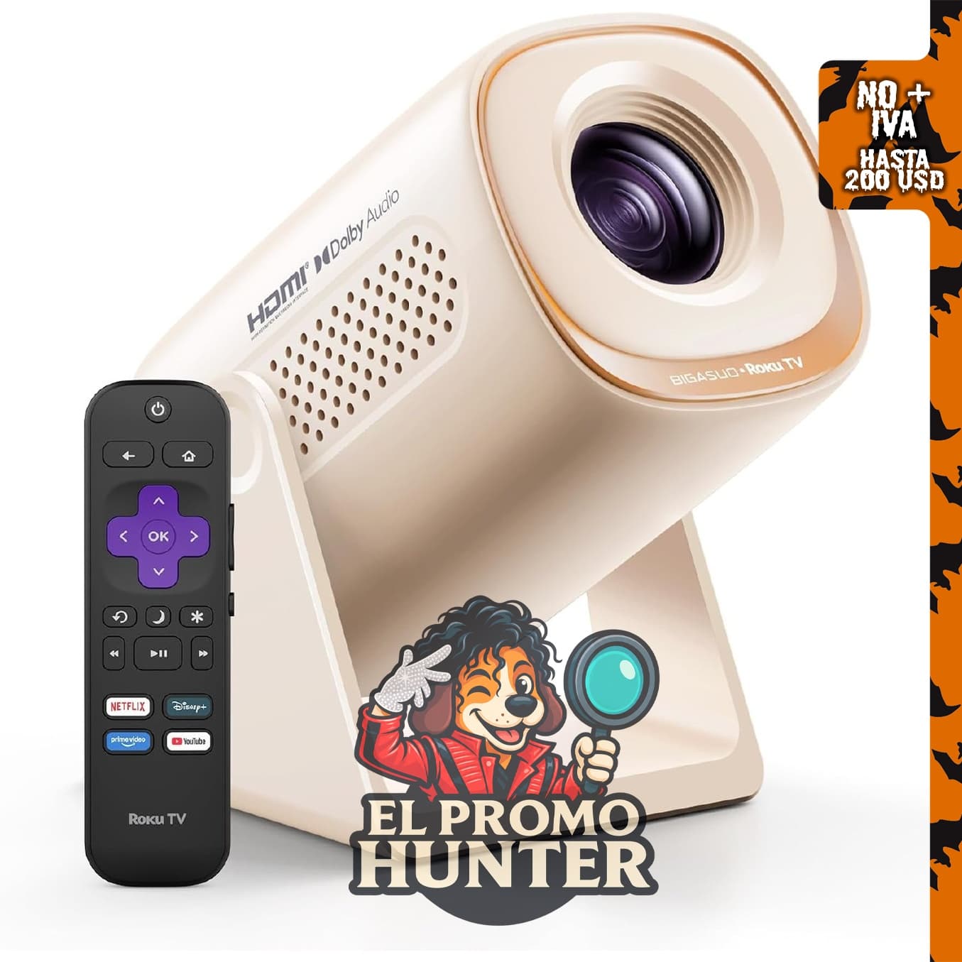 Proyector de TV inteligente con WiFi, Roku TV integrado, Keystone automático y Zoom.