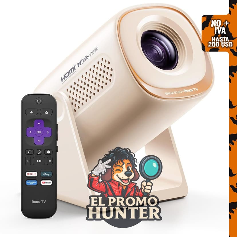 Proyector de TV inteligente con WiFi, Roku TV integrado, Keystone automático y Zoom.