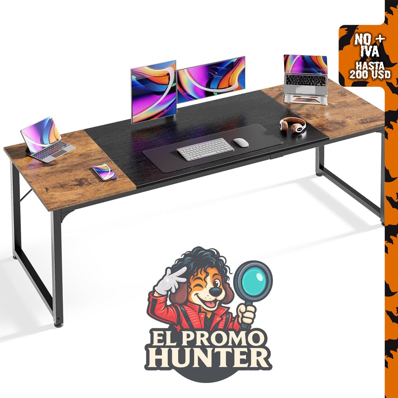 Huuger Escritorio para computadora de 70" (178 cm), marco de metal, color marrón rústico y negro.
