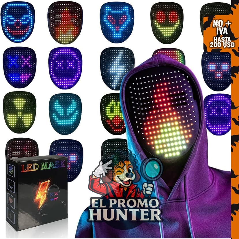 Máscara LED con detección de gestos, ideal para fiestas de disfraces.