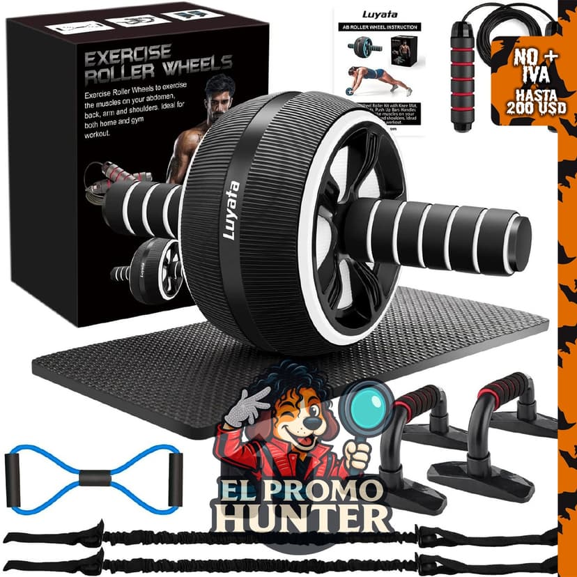 Rueda para abdominales Luyata, kit de 10 en 1 con bandas de resistencia, alfombrilla para rodillas, cuerda de saltar y barra para flexiones.