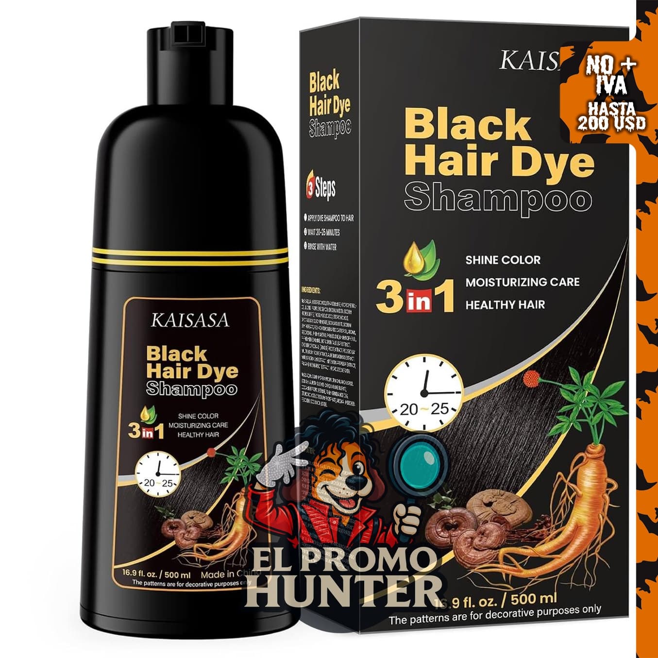 IIIMEIDU Champú para teñir el cabello gris, tinte natural negro 3 en 1, 500 ml.
