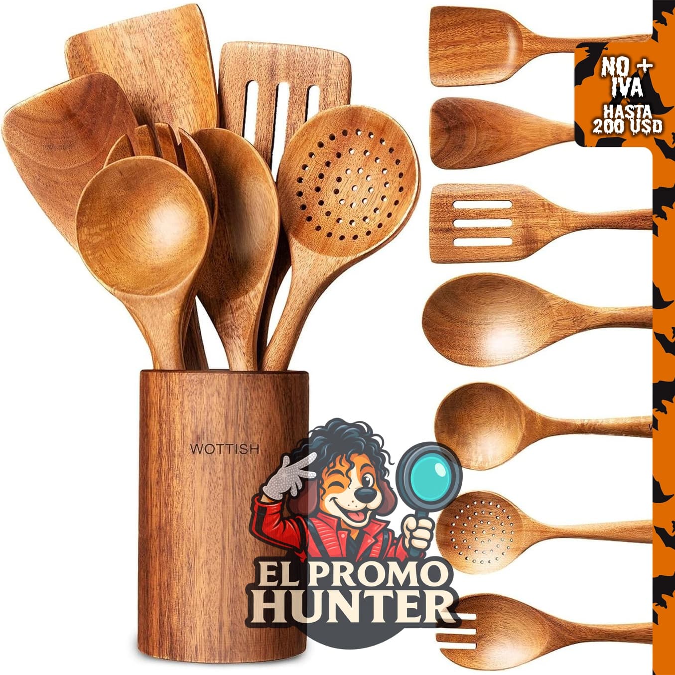 Juego de utensilios de cocina de madera maciza natural, incluye cucharas, espátulas, cucharones y cuchara mezcladora.