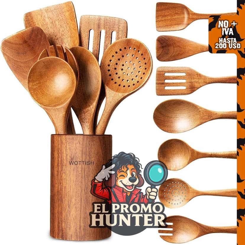 Juego de utensilios de cocina de madera maciza natural, incluye cucharas, espátulas, cucharones y cuchara mezcladora.