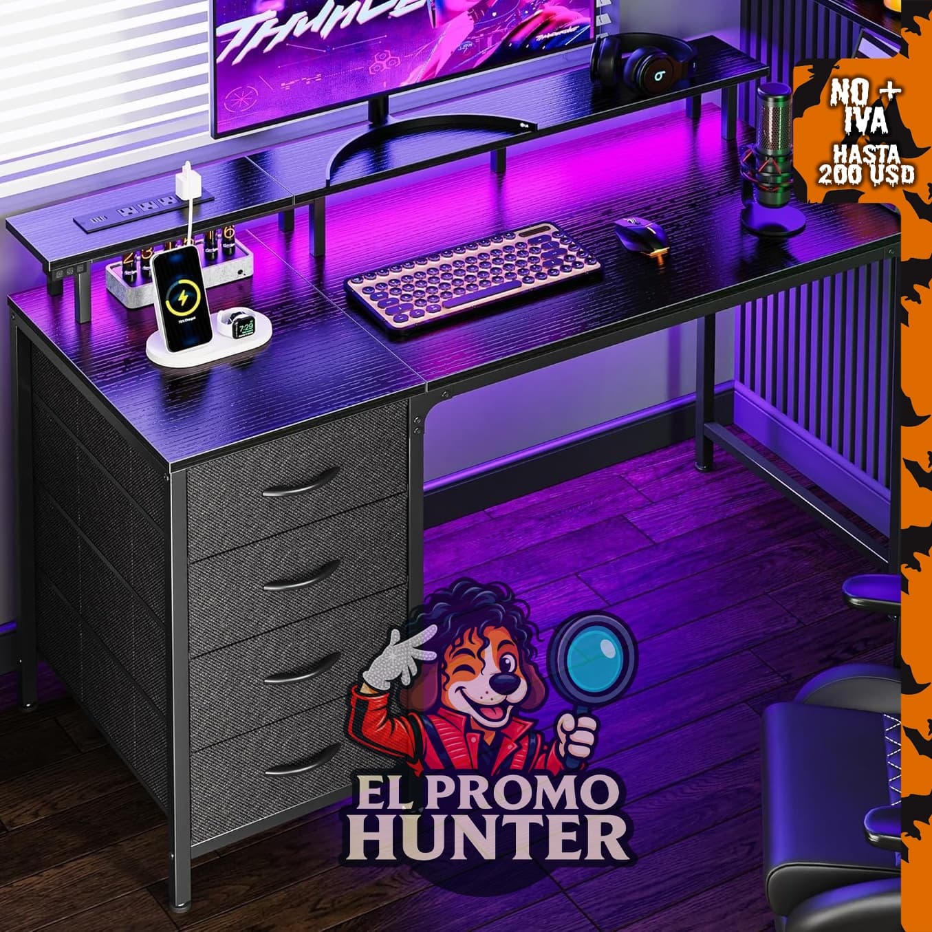 Escritorio Huuger de 47" (119 cm) con tomacorrientes, luces LED y 4 cajones.