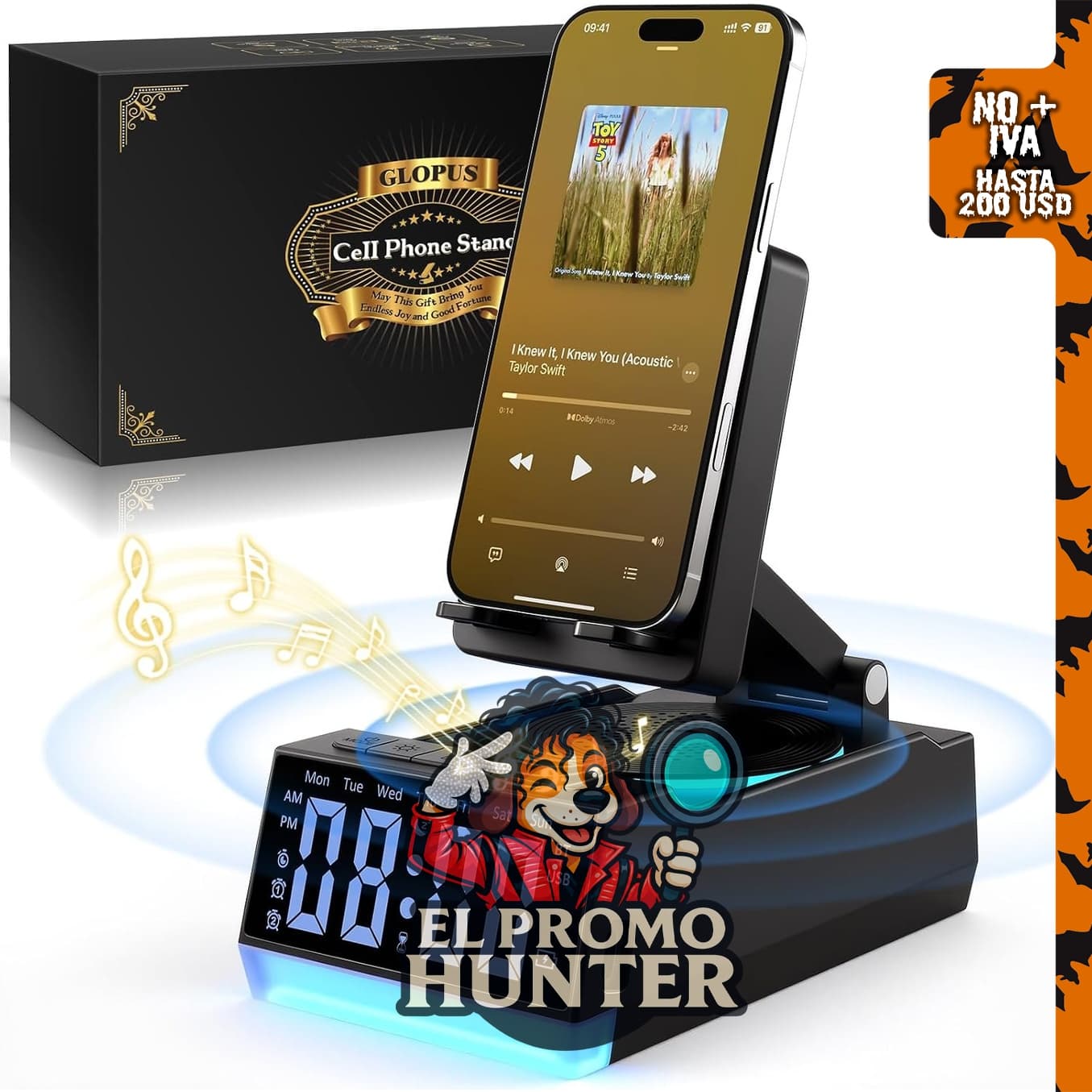 Altavoz Bluetooth portátil con soporte para teléfono celular.