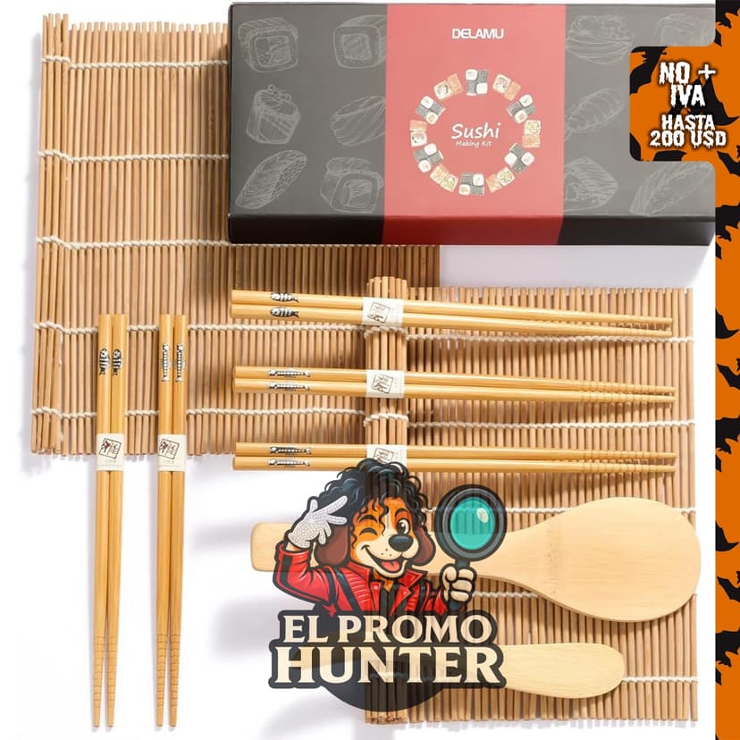 Juego de utensilios de bambú para hacer sushi, incluye 2 esterillas, 5 pares de palillos, paleta y espátula.