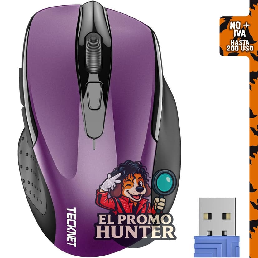 Mouse óptico ergonómico TeckNet Pro 2.4 G con nanorecibidor USB, 6 botones y 5 niveles de ajuste de DPI.