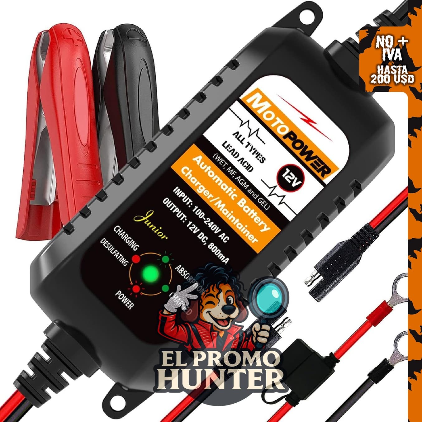 MOTOPOWER MP00205A cargador de batería automático de 12V 800mA, mantenedor y desulfatador.