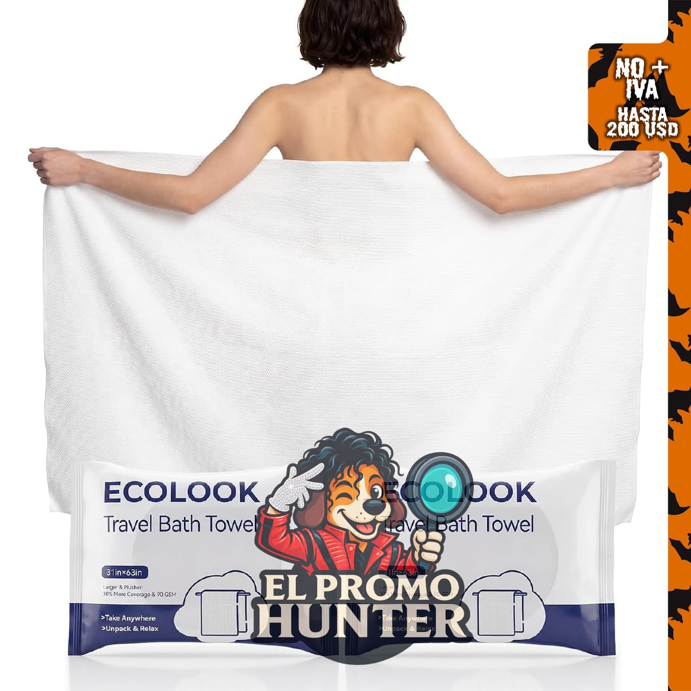 ecolook Toallas de baño desechables comprimidas, 31 x 63 pulgadas (79 x 160 cm), 90 GSM, fibra vegetal reutilizable.