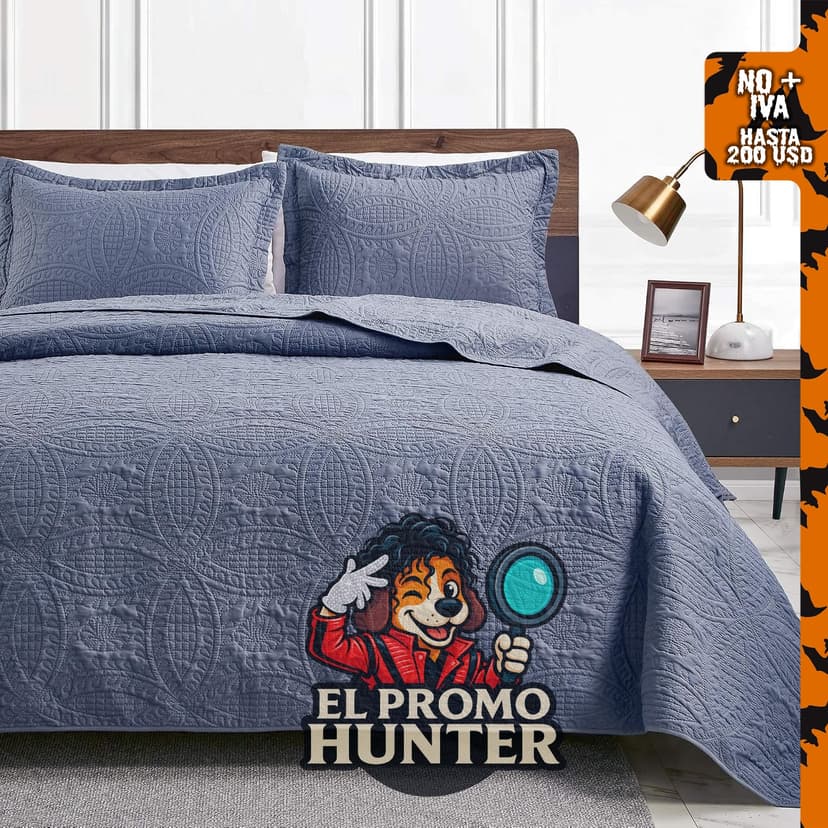 Edredón de cama tamaño queen Love's cabin, color azul, de microfibra ligera, estilo moderno, 3 piezas (1 colcha, 2 fundas de almohada).