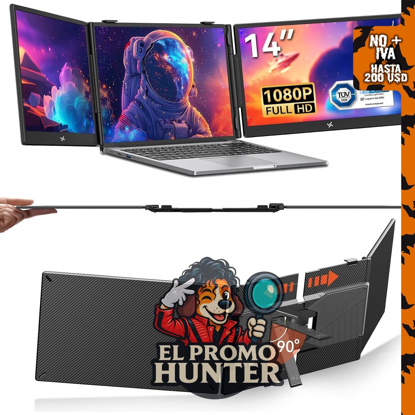 PORTAMAX Extensor de pantalla triple de 14 pulgadas, FHD 1080P IPS, compatible con laptops de 13 a 17 pulgadas.