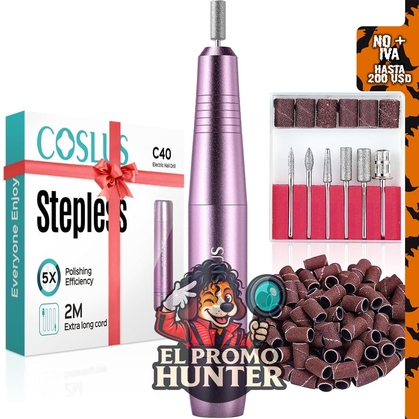 COSLUS C40 - Taladro de uñas eléctrico profesional con esfera de velocidad precisa, color morado.