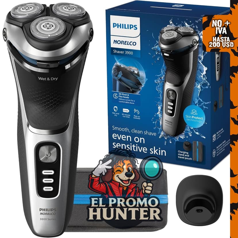 Philips Norelco Shaver 3900 Series S3341/92, afeitadora eléctrica húmeda y seca con estuche de viaje.