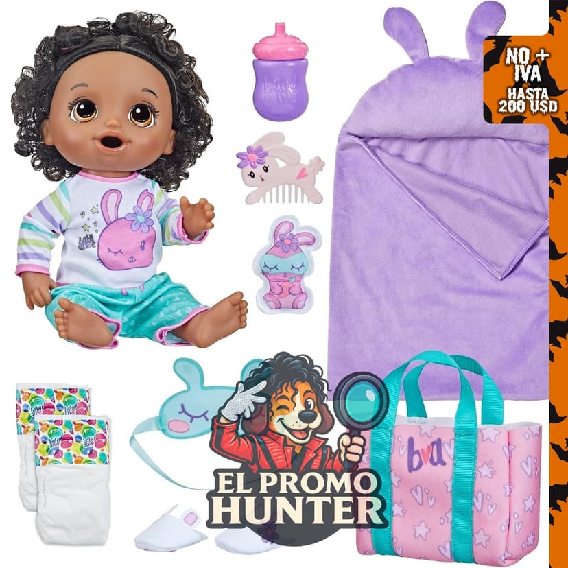 Baby Alive Muñeca Bebé Pijamada de Conejito de 30 cm con accesorios de hora de dormir.