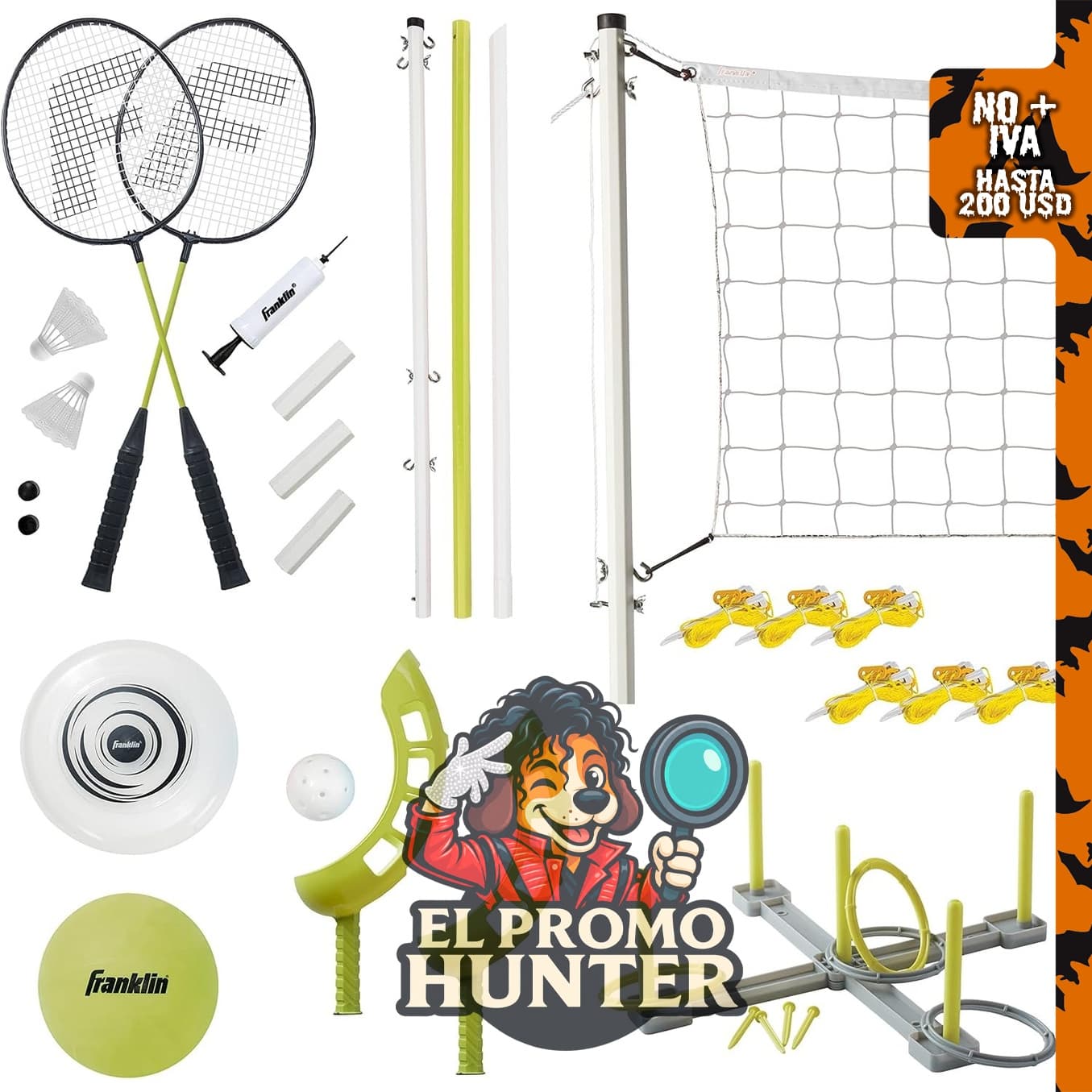 Franklin Sports Fun 5 Combo de juegos al aire libre, incluye bádminton, voleibol, disco volador y herraduras.