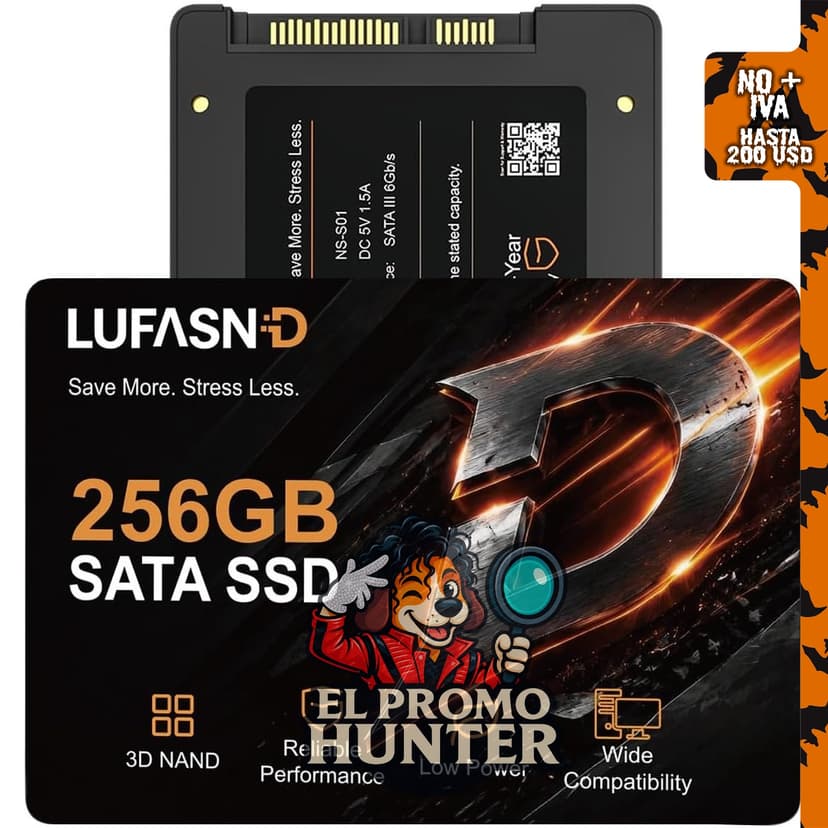 SSD SATA III de 256 GB, 2.5 pulgadas, velocidad de lectura hasta 520 MB/s.