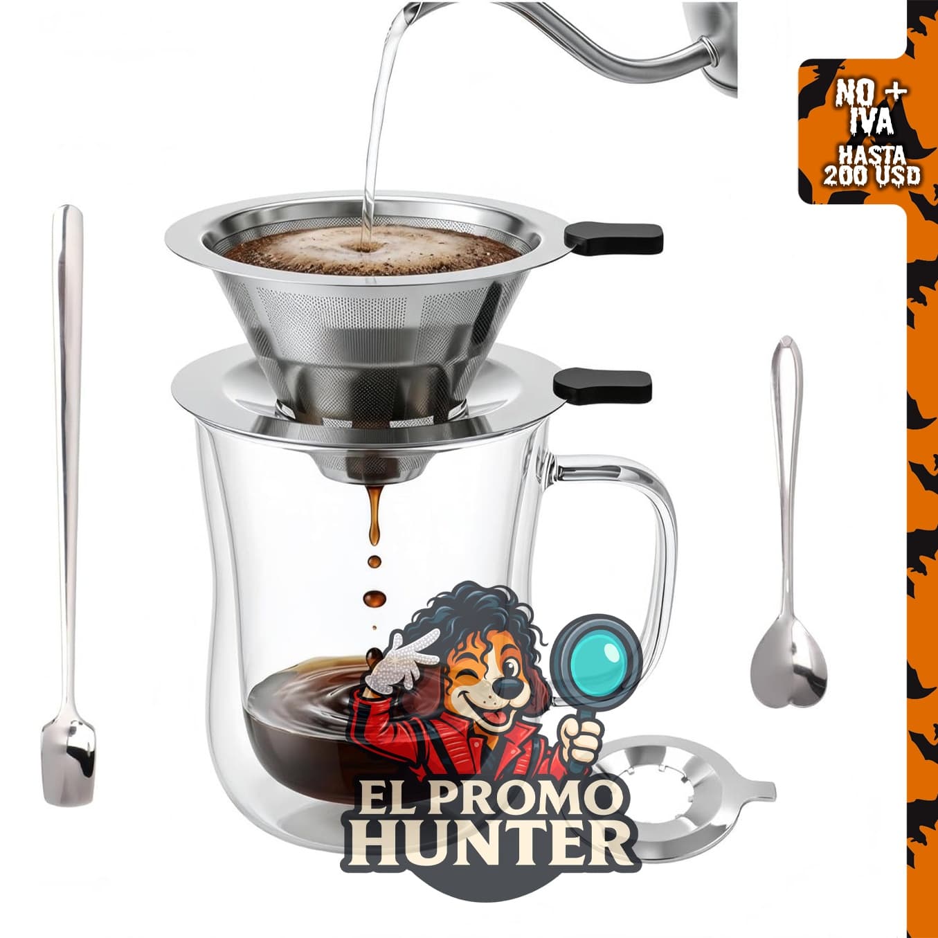 Cafetera LSKJSLZ de inmersión y vertido 2 en 1, capacidad de 10.1 fl oz (300 ml), incluye filtro de acero inoxidable reutilizable.