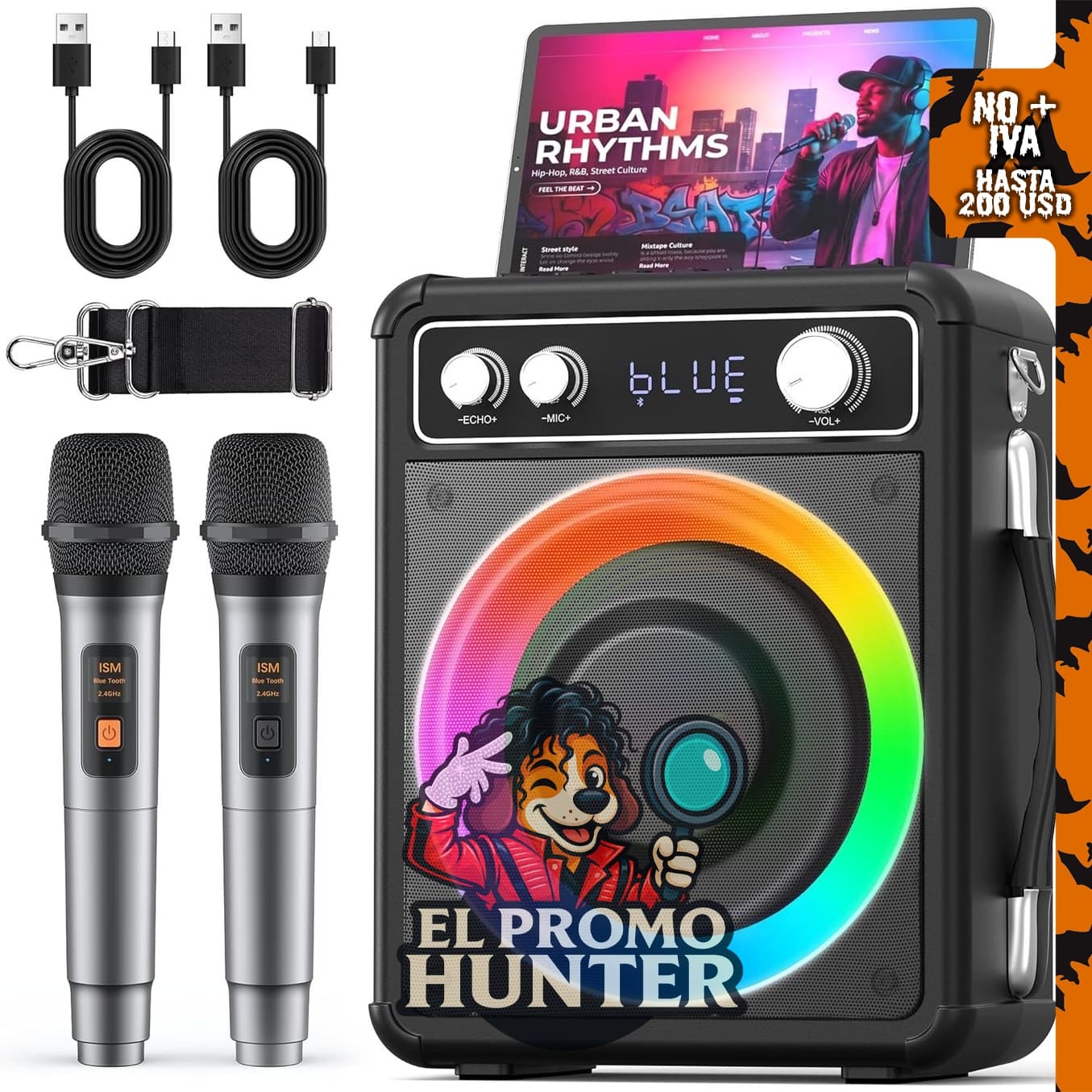 VOSOCO Máquina de karaoke con altavoz Bluetooth y 2 micrófonos inalámbricos.
