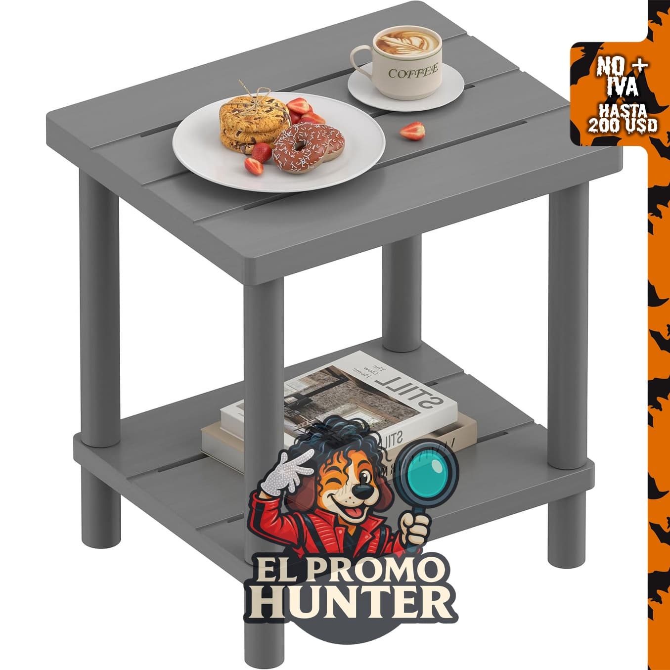 Mesa auxiliar de bambú de 2 niveles para exteriores e interiores, adecuada para patio y piscina.