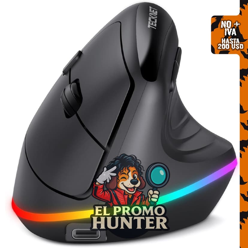 TECKNET Ratón ergonómico RGB Bluetooth recargable inalámbrico.