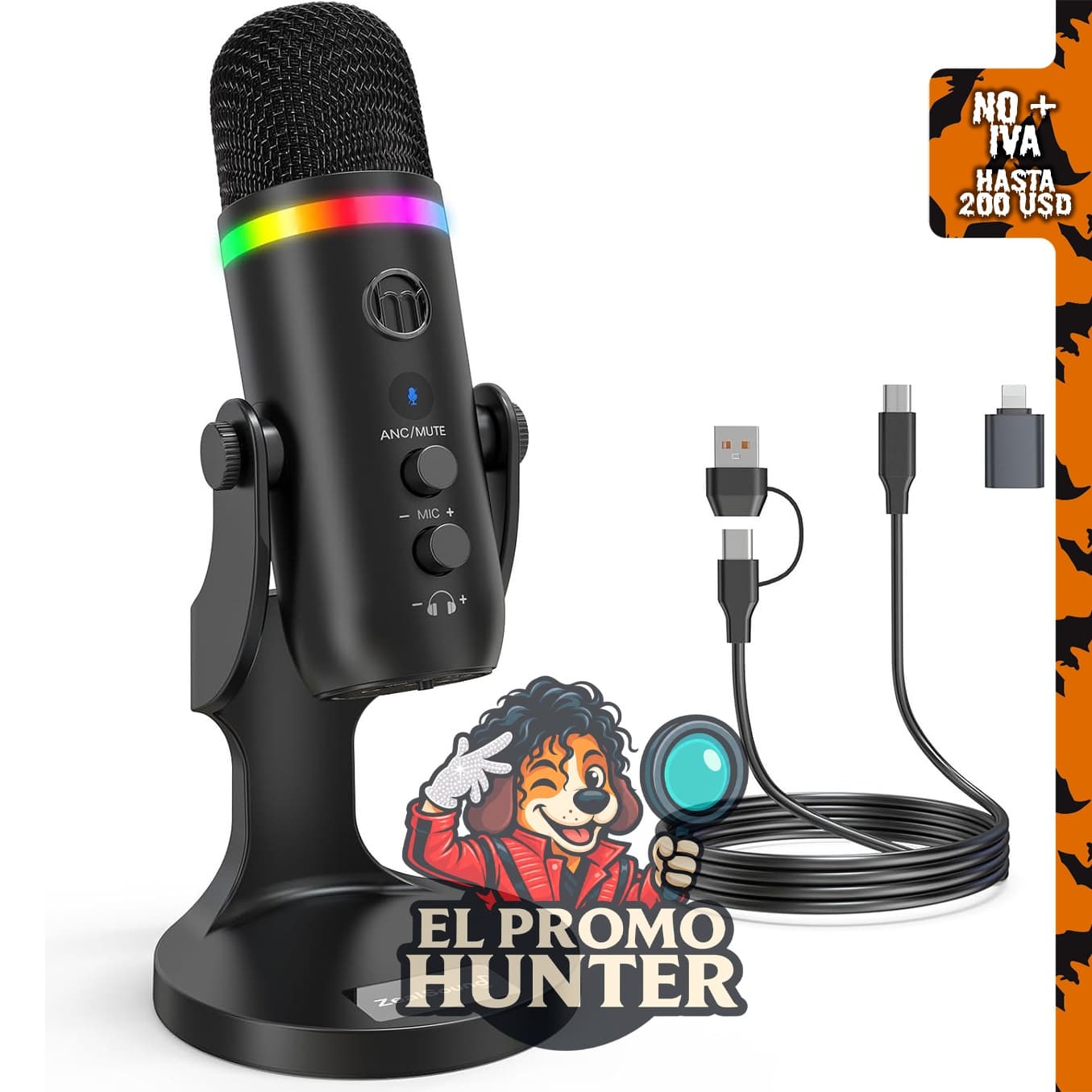 ZealSound K66 Pro, micrófono USB para PC con reducción de ruido y controles de ganancia y eco.