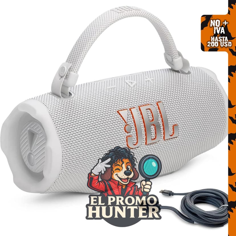 JBL Charge 6 (blanco) con cable trenzado USB-C.