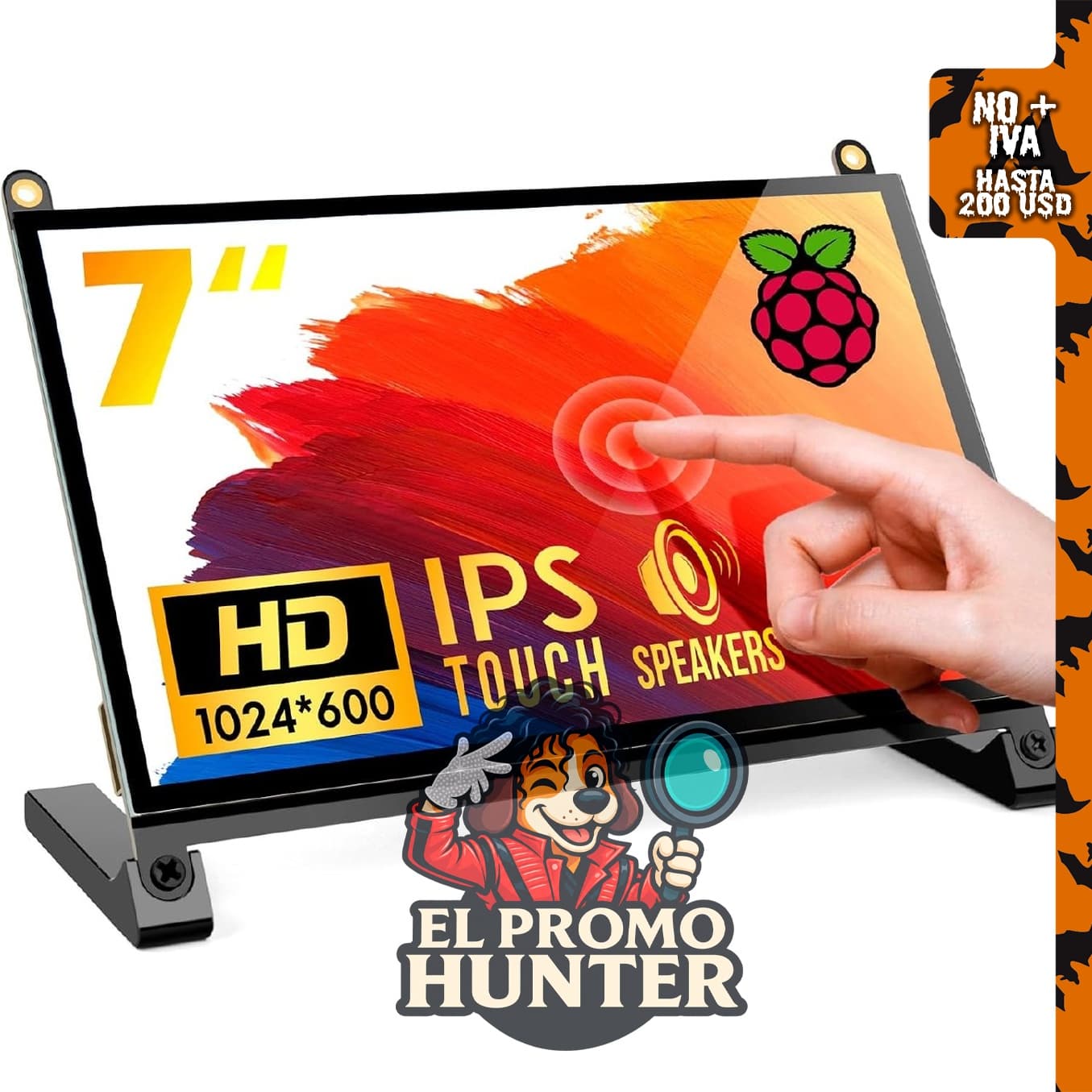 ROADOM Pantalla Raspberry Pi de 7" (17.78 cm), IPS 1024 × 600, táctil, altavoces duales, entrada HDMI.