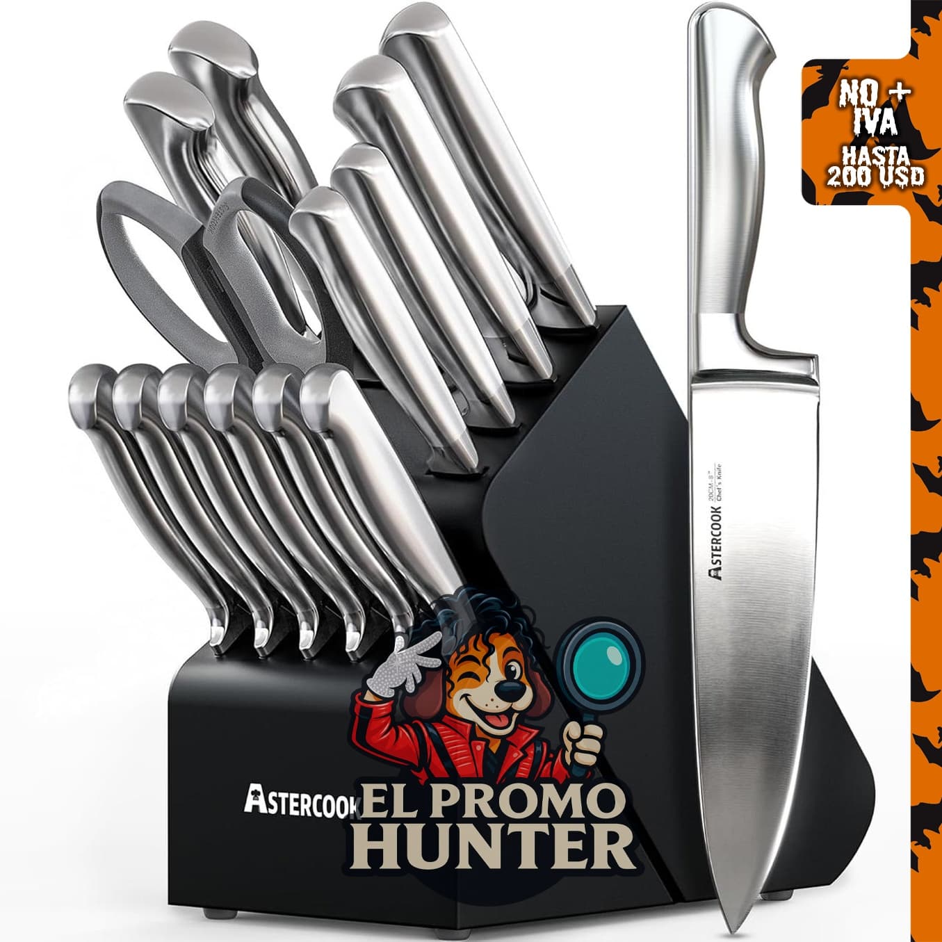 Astercook Juego de cuchillos de cocina de acero alemán de 15 piezas.
